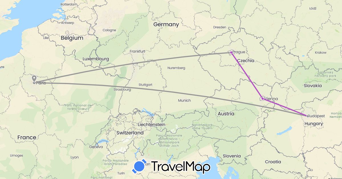 TravelMap itinerary: driving, plane, train in Austria, Czech Republic, France, Hungary (Europe)